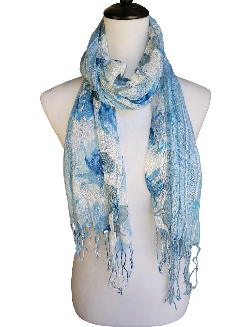 Blue Floral & Striped Lightweight Scarf Wrap Fringe Hem 22